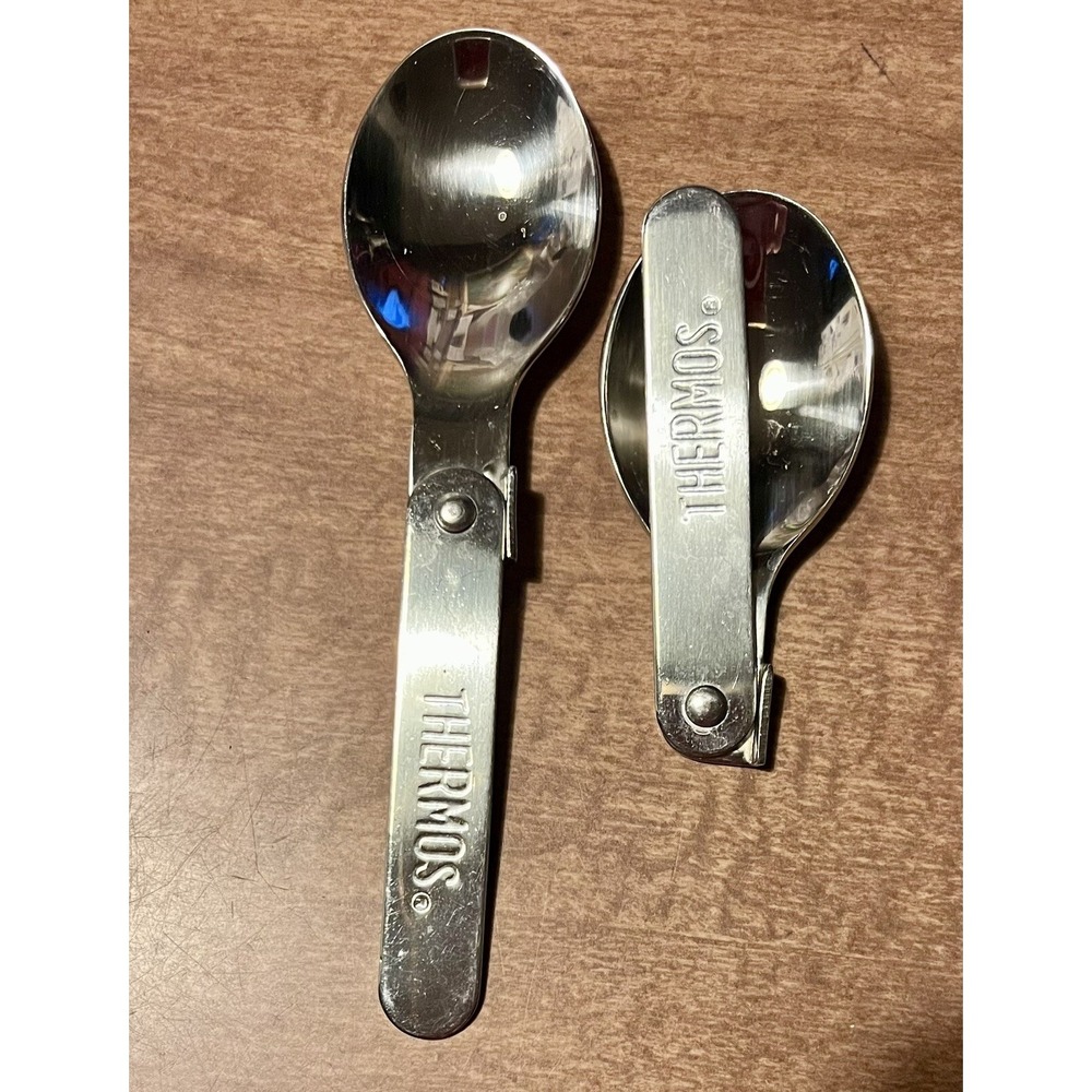 Thermos Stainless Steel Folding Spoons Set of 2 Compact Camping Travel Utensils